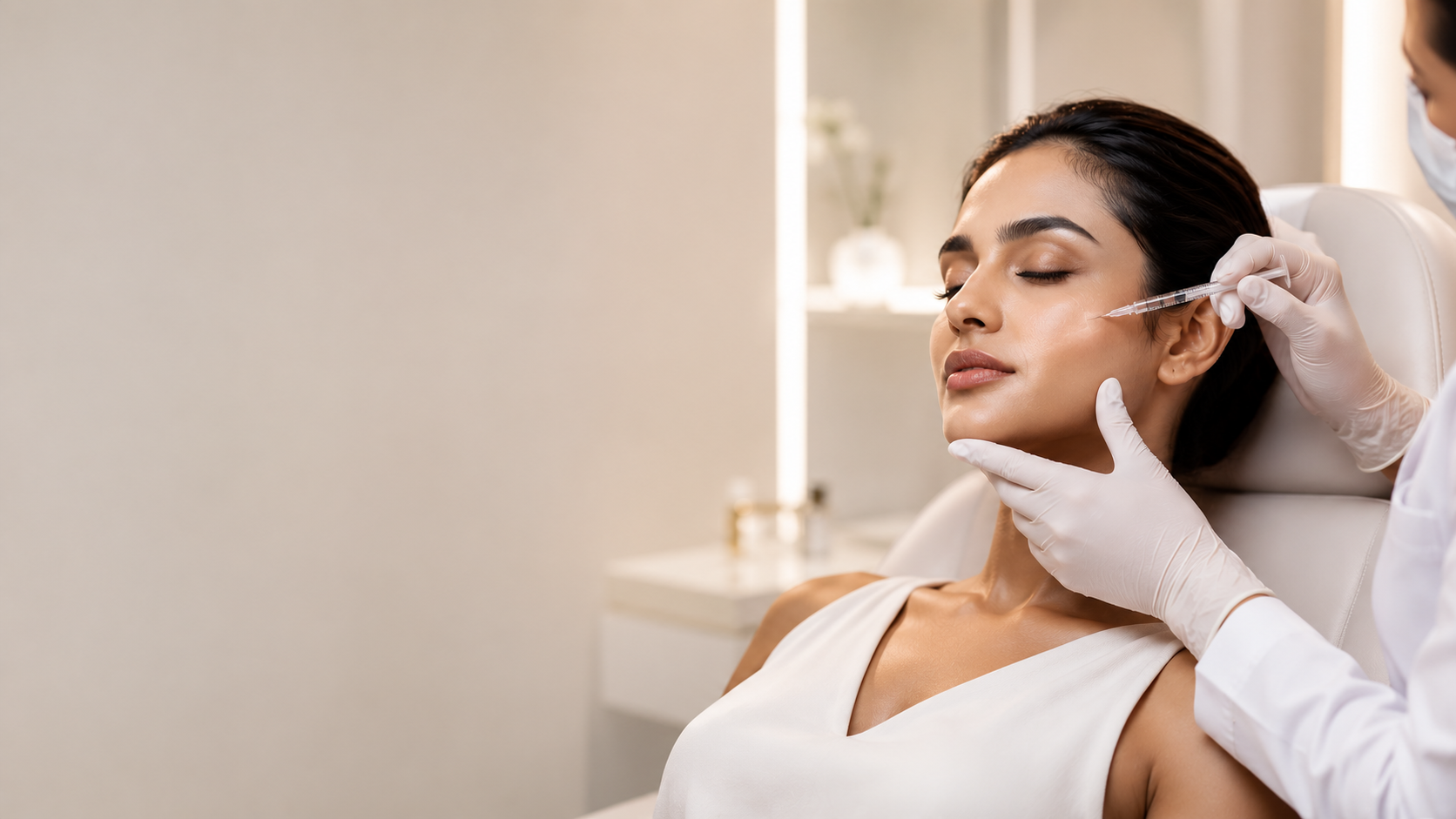 Doctor performing a precise filler injection technique on a patient's cheek