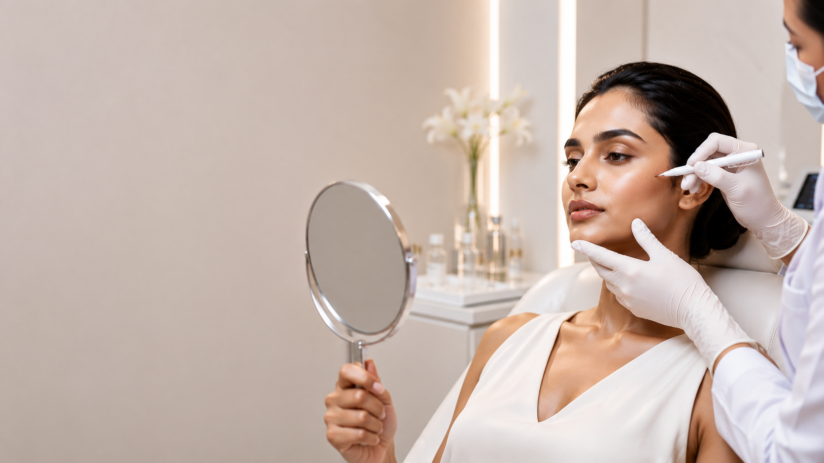 Doctor checking a patient's face near a mirror before dermal filler injection