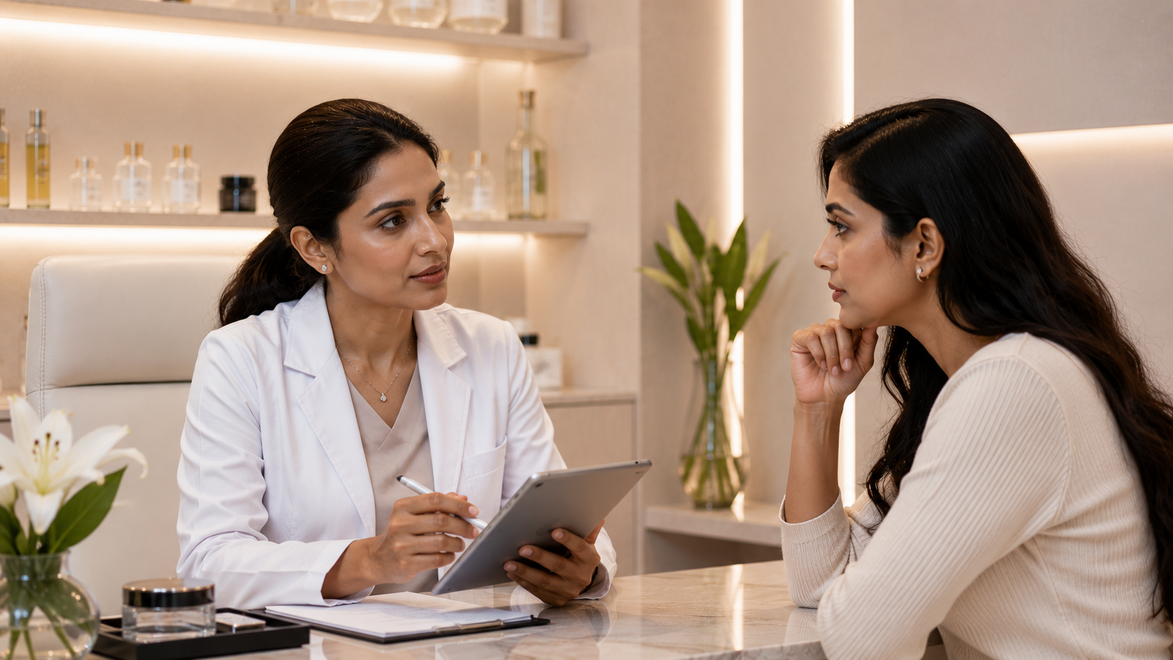 Doctor discussing known allergies with a patient before filler treatment