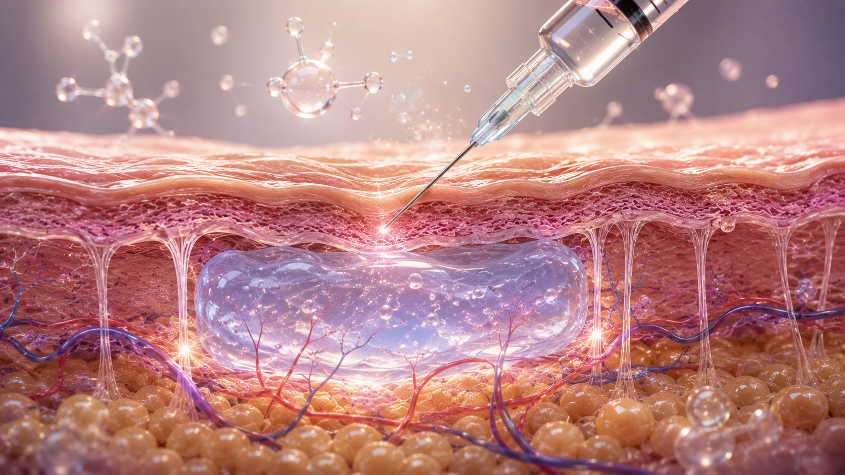 Cross-section illustration of dermal filler injection restoring volume beneath the skin surface