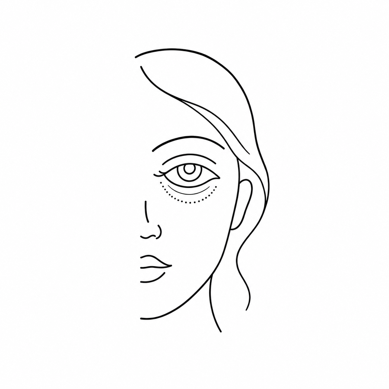Line-art icon of a half face profile with dotted marking along the under-eye to cheek area