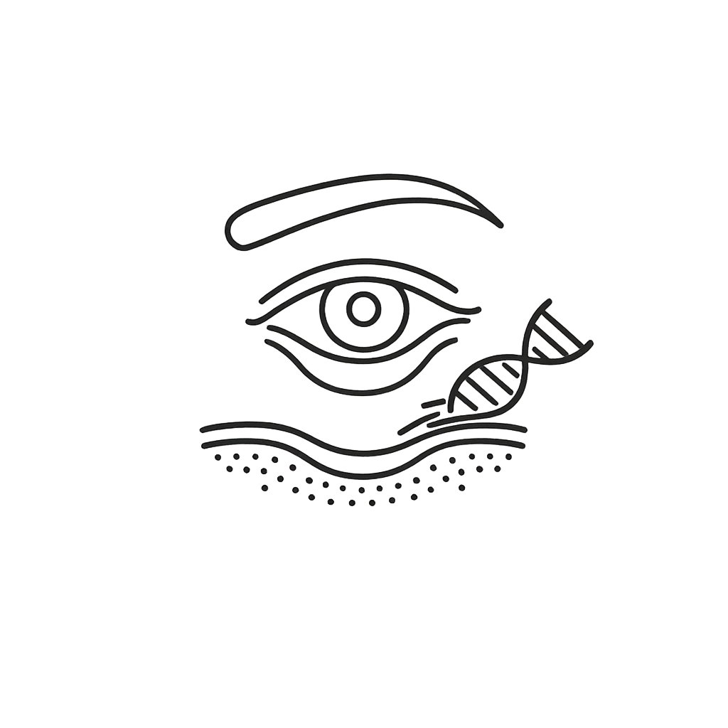 Line-art icon of an eye with a DNA strand representing hereditary under-eye hollowness