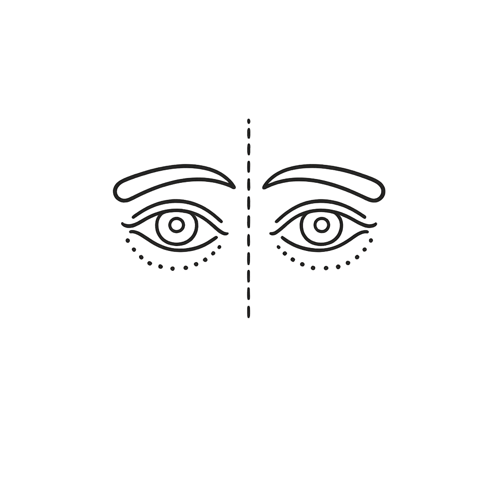 Line-art icon of two eyes divided by a dashed line representing under-eye symmetry assessment